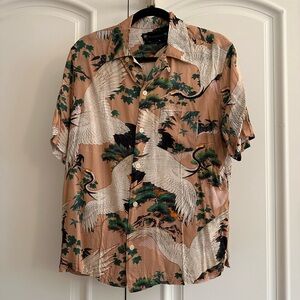 All Saints Men's Pink Crane Print Shirt